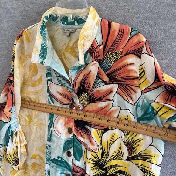 John Mark Linen Tropical Floral Top Size L Lagenlook Aloha Wired Collar Resort - Picture 10 of 15